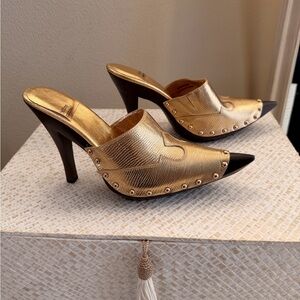 Jeffrey Campbell Jayde Gold and Black High Heel Western Mules
